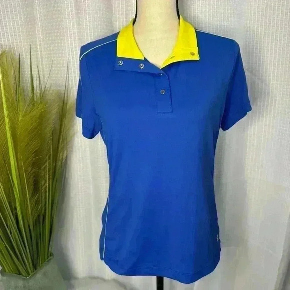 NWOT Lohla Sport Women’s Size M/L Golf Short Sleeve Blue & Yellow Snap Closure - Picture 1 of 7